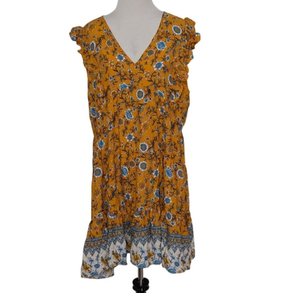 Umgee Floral Dress Womens Size Large Yellow Flutter Sleeve Contrast Hem Pullover